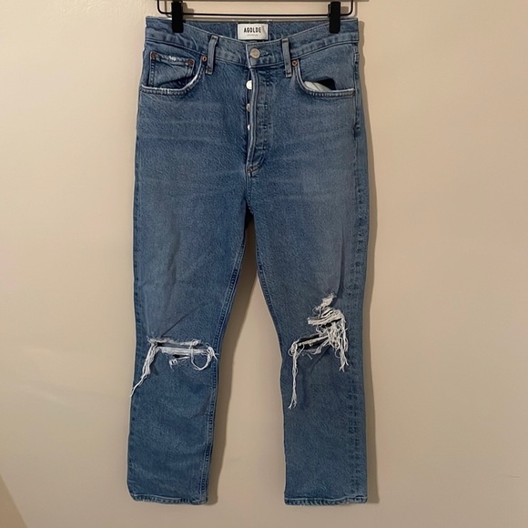 Agolde Riley High Rise Straight Crop Button Fly Cotton Blend Distressed Jeans - Picture 1 of 9
